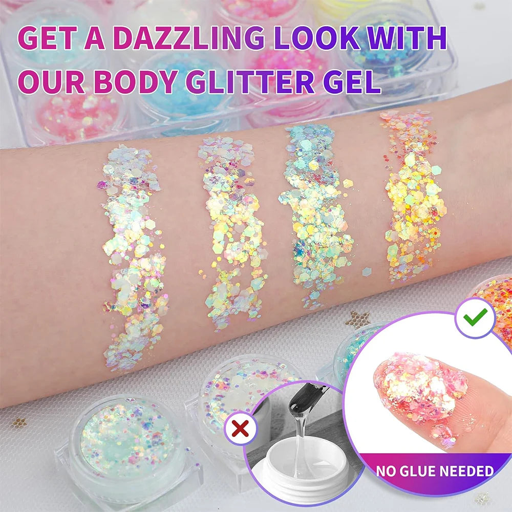 Set de 12 geles de purpurina luminosa y colores vibrantes.