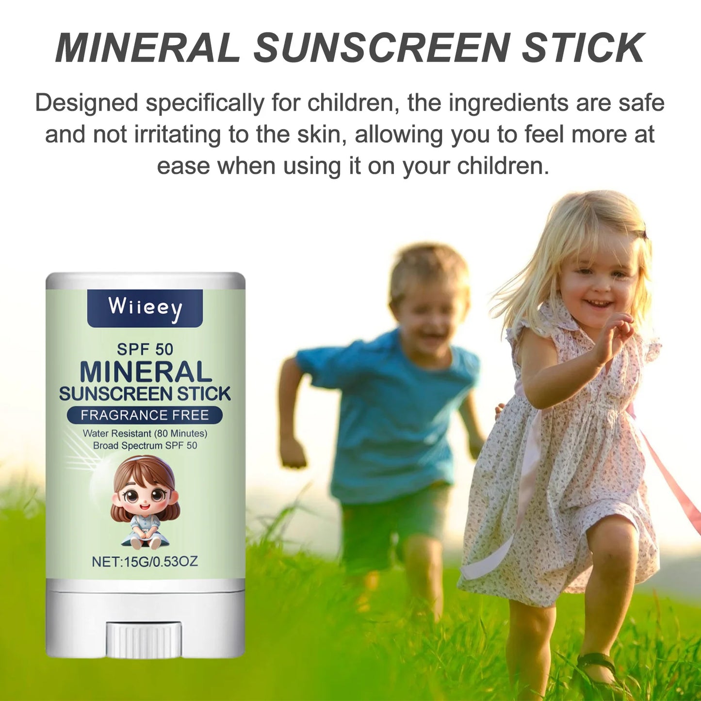 Sunscreen stick SPF50+ water resistant for 80 minutes.