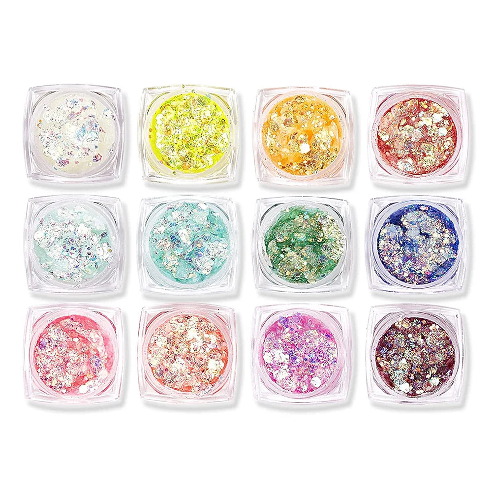 Set de 12 geles de purpurina luminosa y colores vibrantes.
