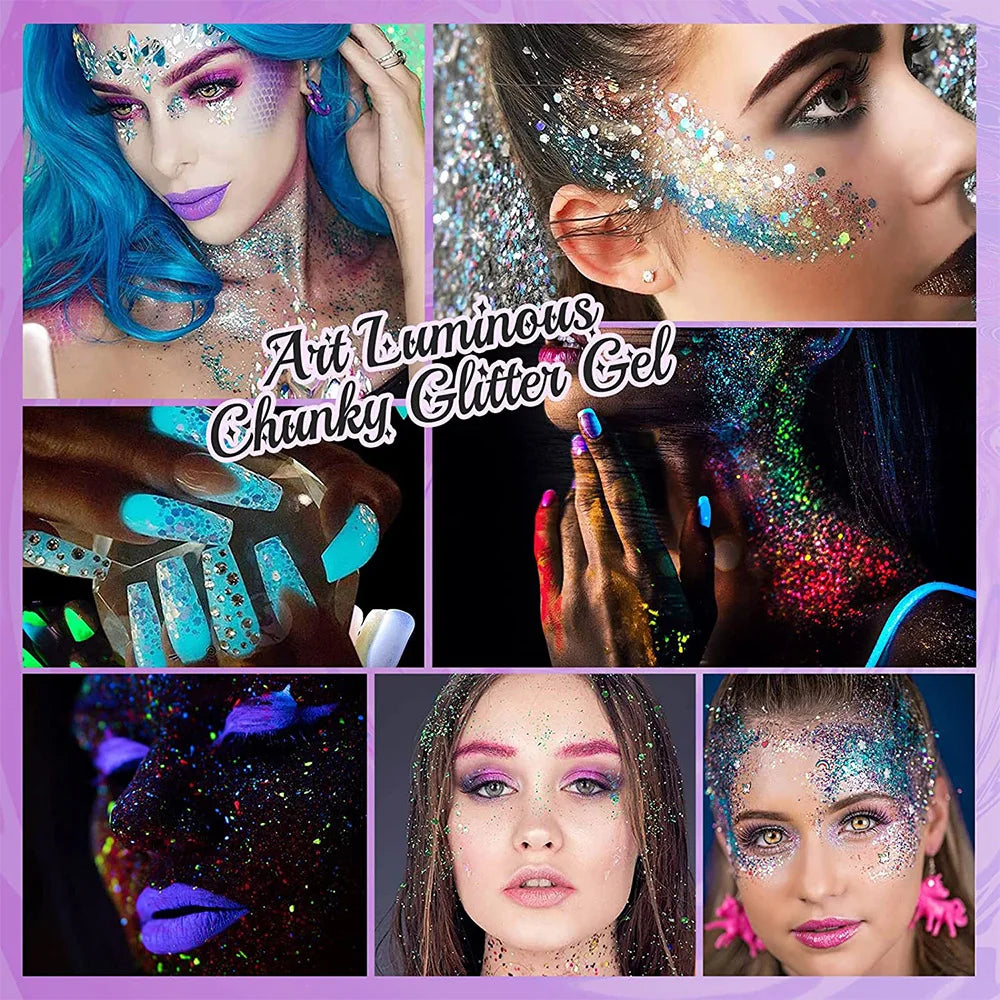 Set de 12 geles de purpurina luminosa y colores vibrantes.
