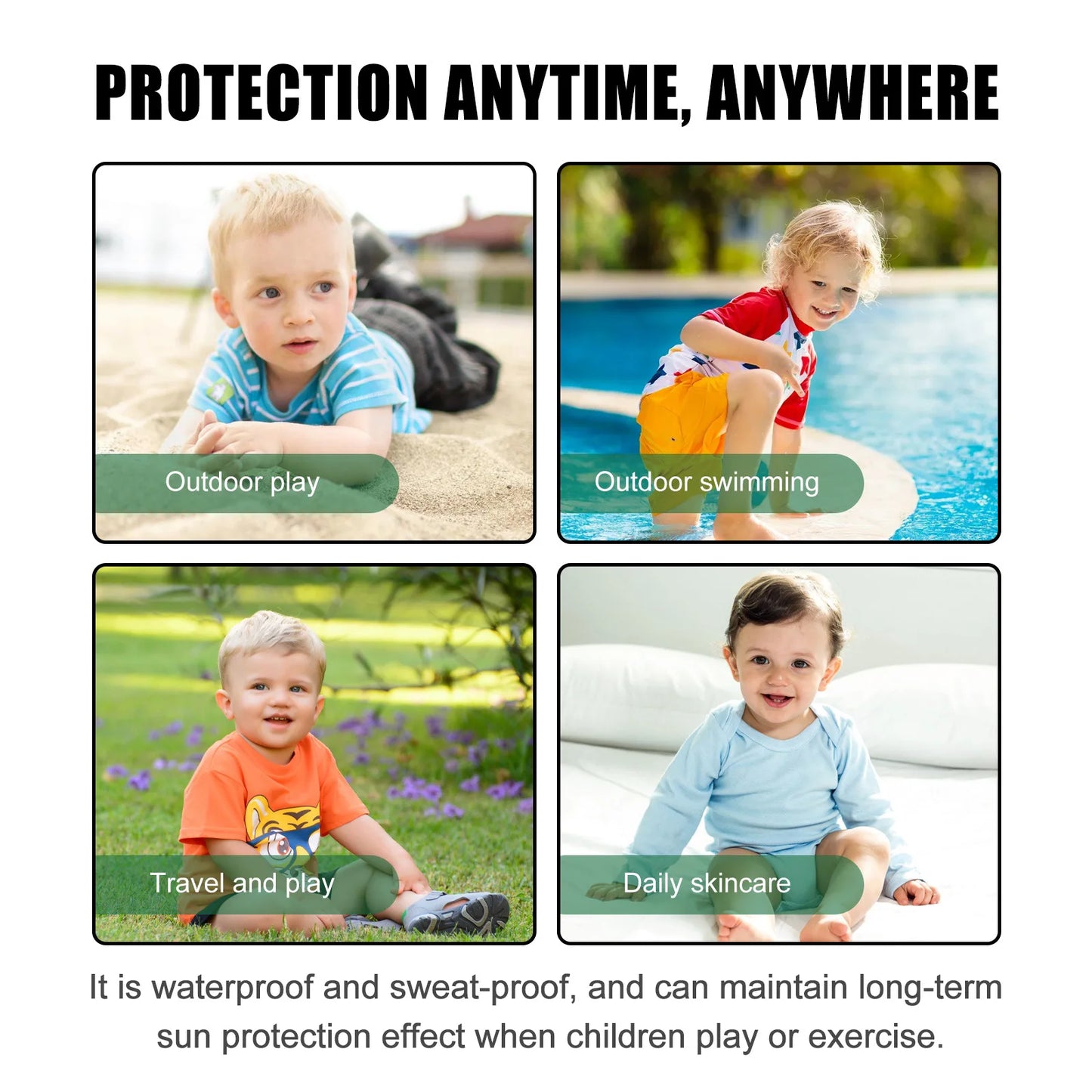 Sunscreen stick SPF50+ water resistant for 80 minutes.