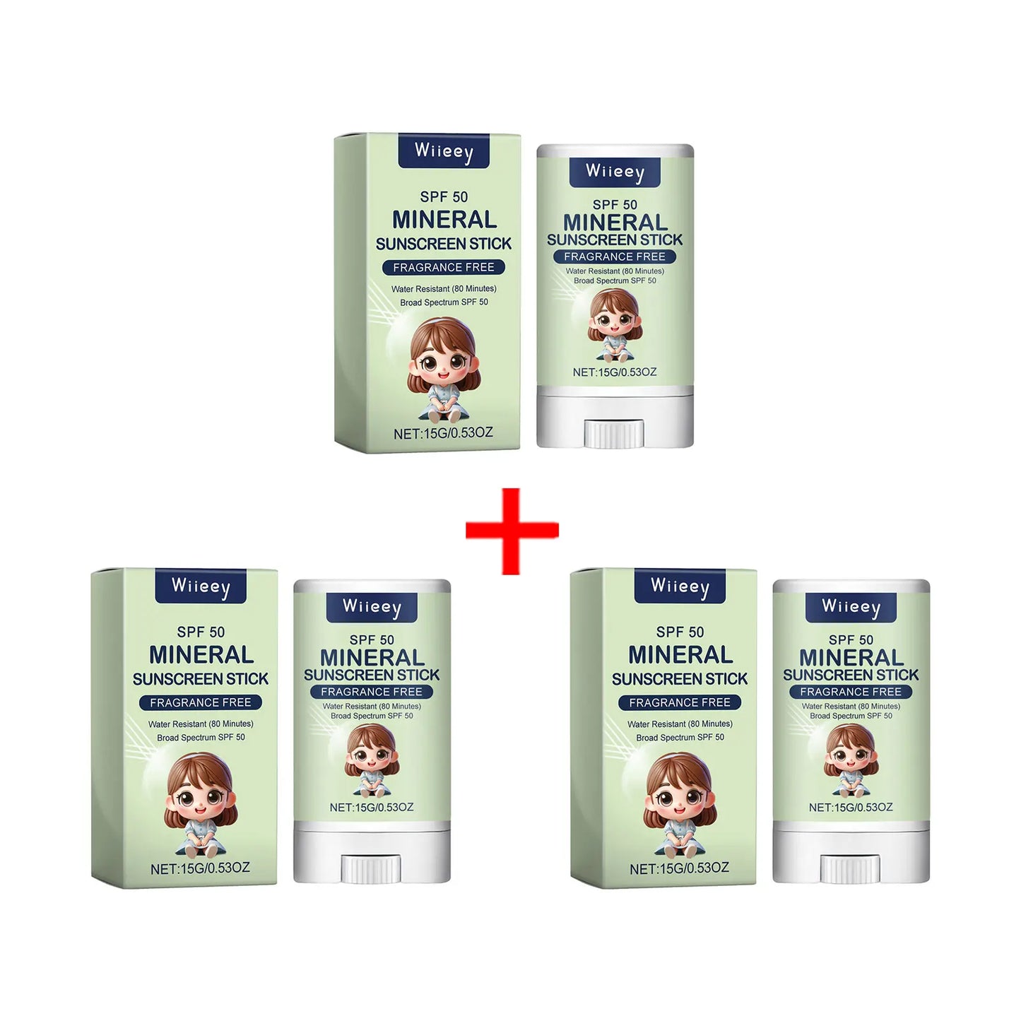 Sunscreen stick SPF50+ water resistant for 80 minutes.