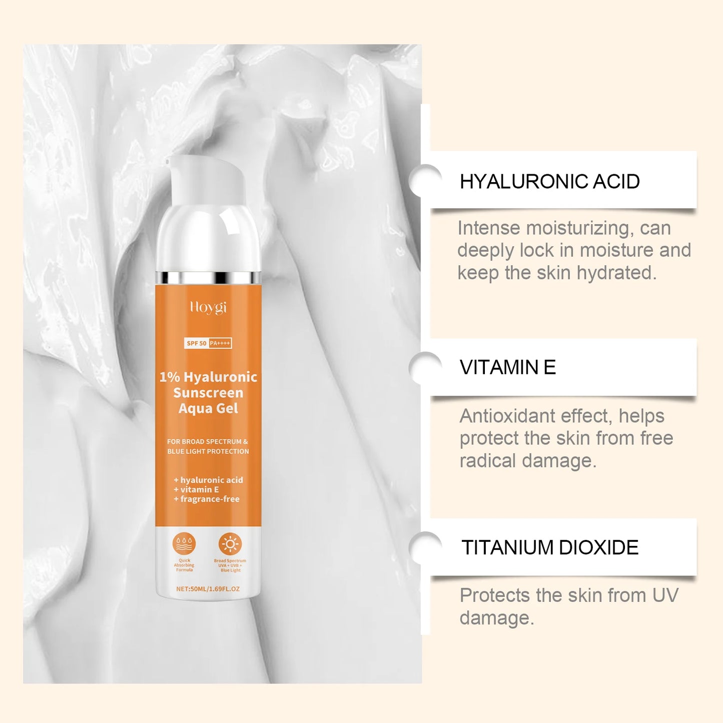 Protector solar en gel con ácido hialuróico al 1% SPF50+