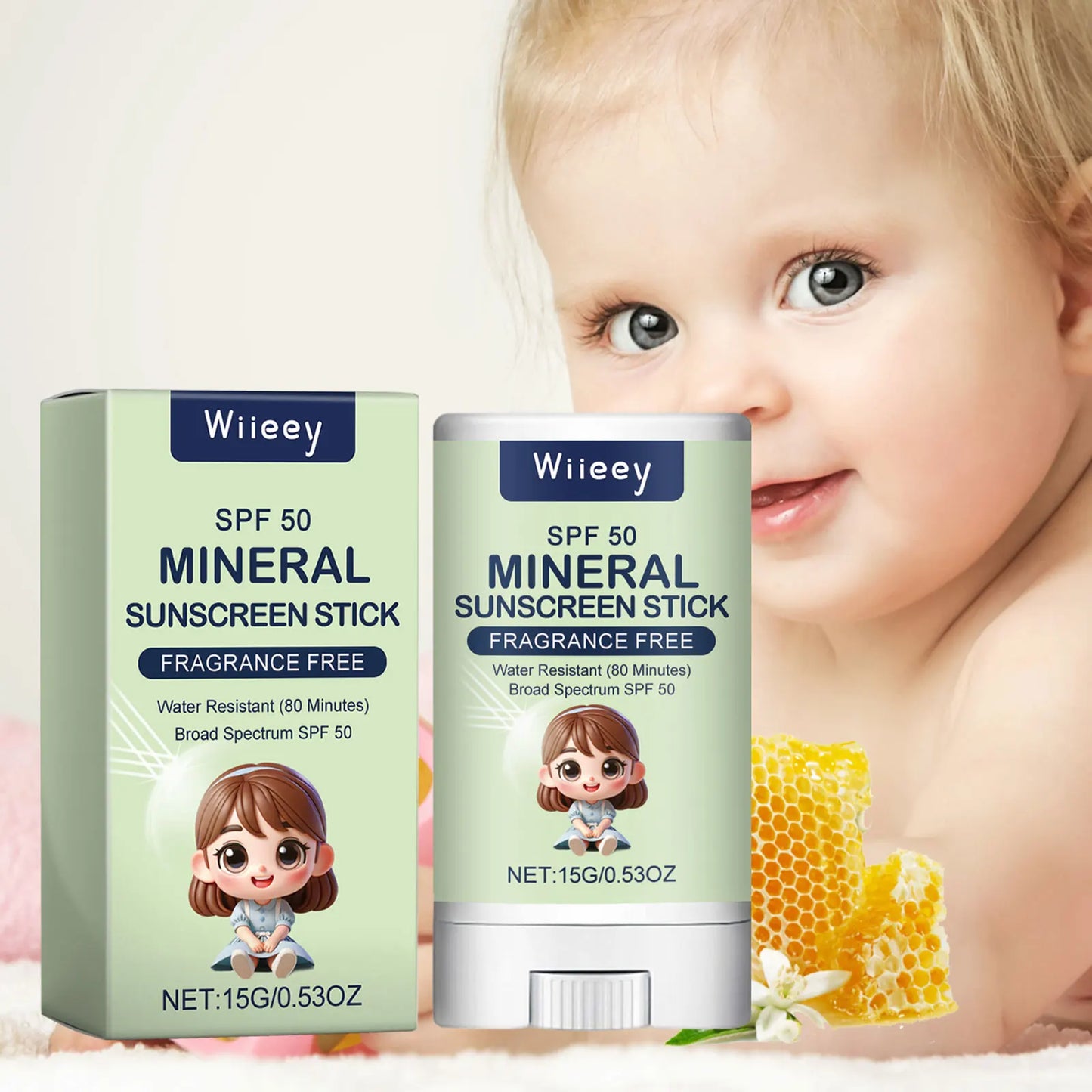 Sunscreen stick SPF50+ water resistant for 80 minutes.