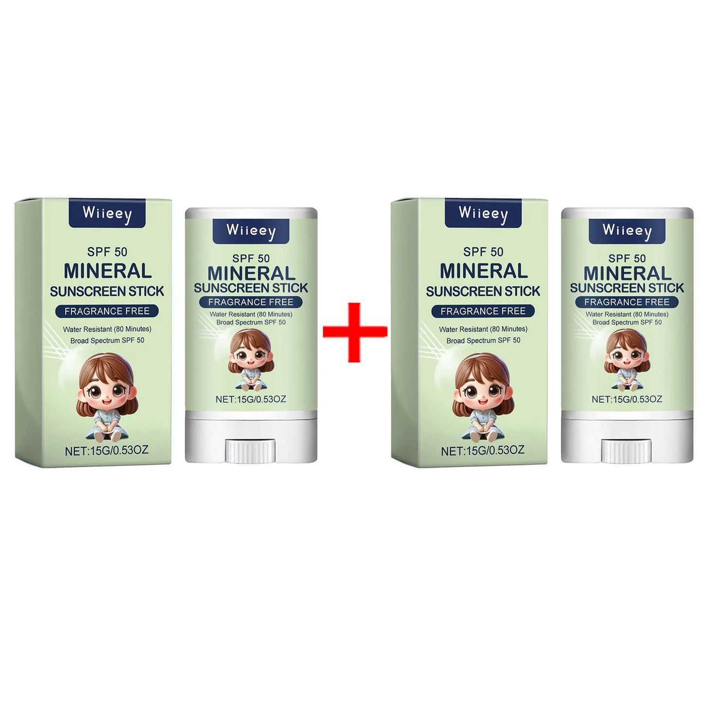 Sunscreen stick SPF50+ water resistant for 80 minutes.