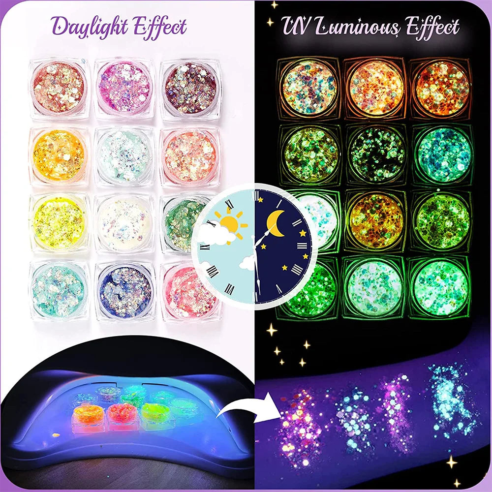 Set de 12 geles de purpurina luminosa y colores vibrantes.