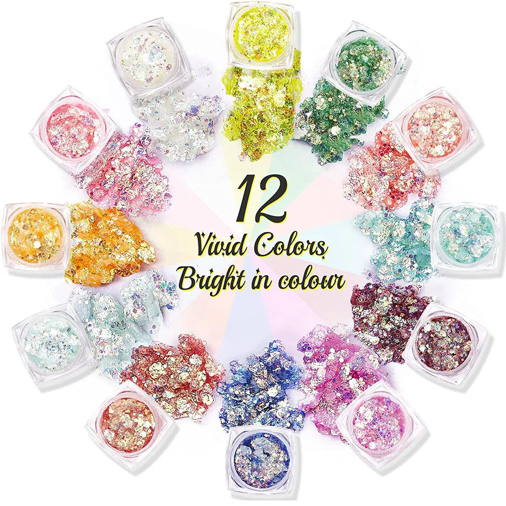 Set de 12 geles de purpurina luminosa y colores vibrantes.