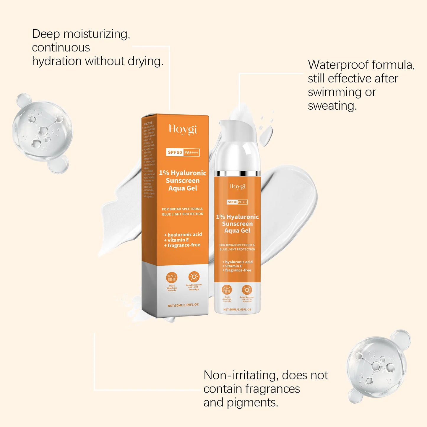 Protector solar en gel con ácido hialuróico al 1% SPF50+