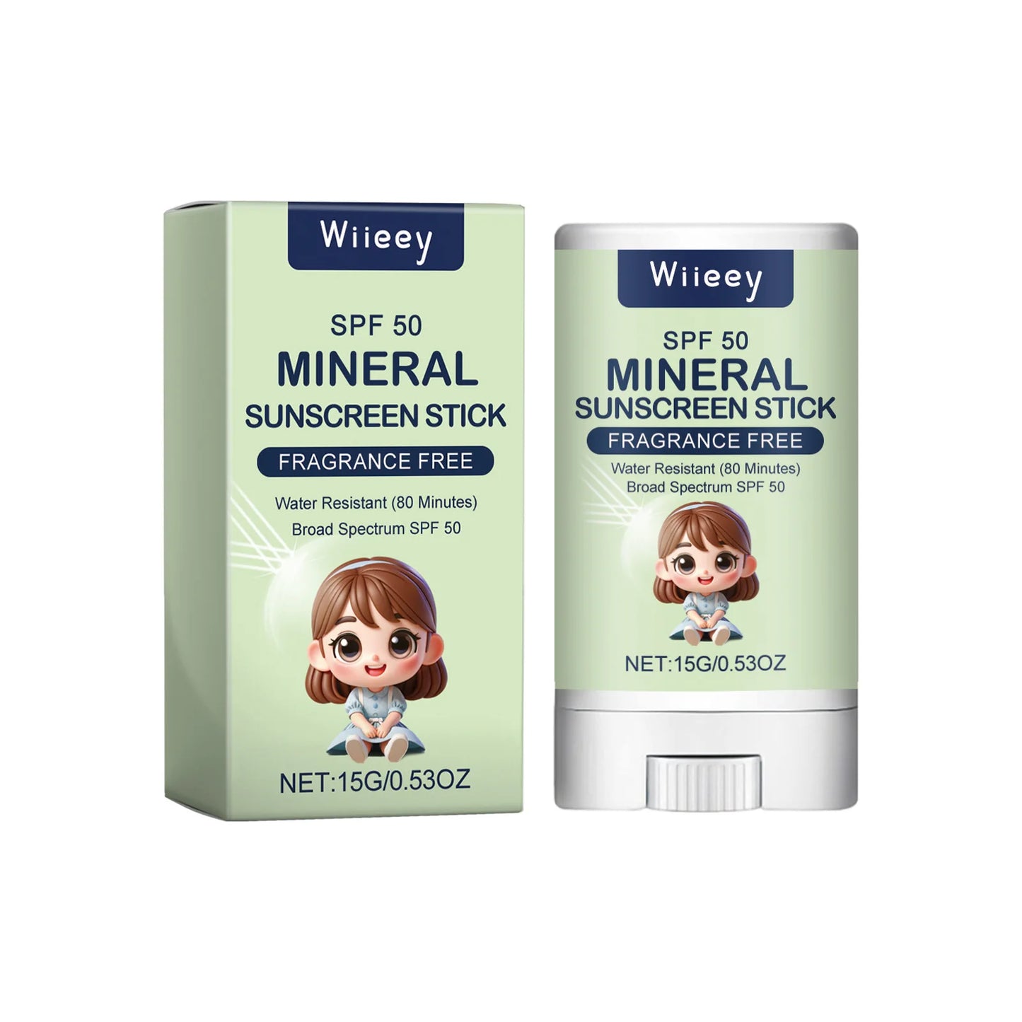 Sunscreen stick SPF50+ water resistant for 80 minutes.