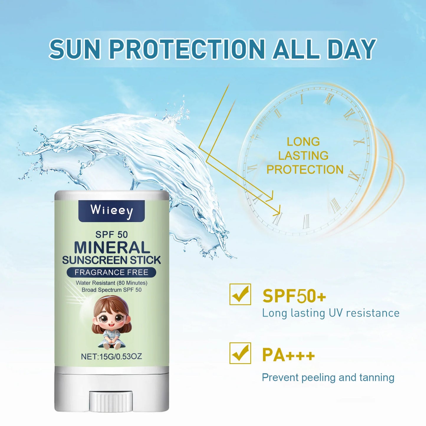 Sunscreen stick SPF50+ water resistant for 80 minutes.