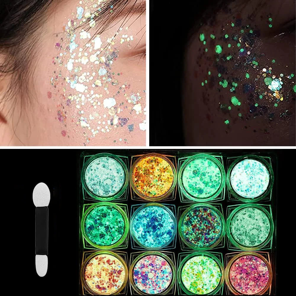 Set de 12 geles de purpurina luminosa y colores vibrantes.