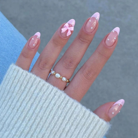 Set of 24 Short False Nails - French Design with Pink Edges and Pearl Bows