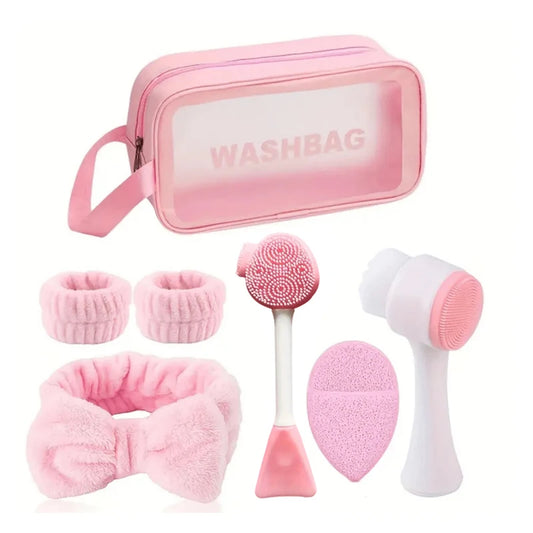 7-piece makeup and face wash beauty set, including 3 headband sets, 1 cosmetic bag, 2 face powder wash brushes and 1 puff