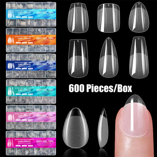 Set of 600 Soft Gel X False Nails - Short Almond and Medium Square