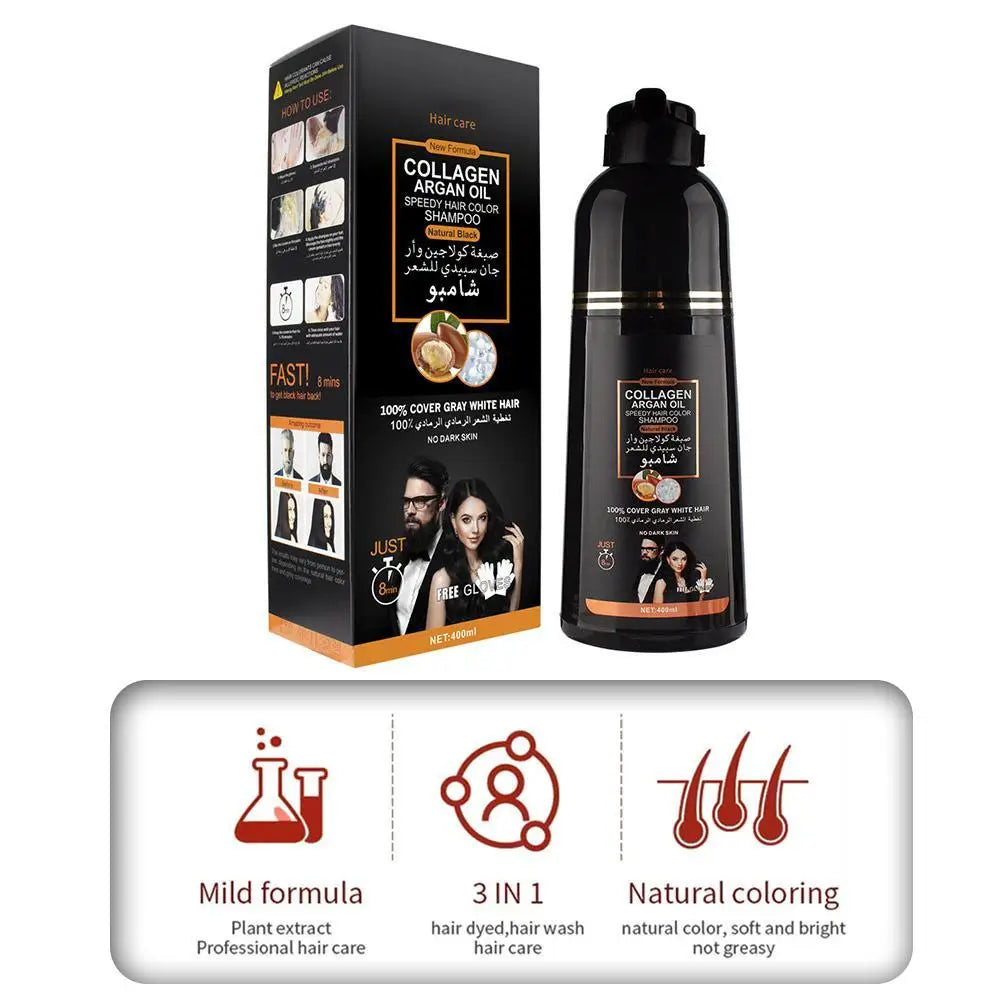 HAIR CARE Champú de aceite de argán y colágeno para un color de cabello negro natural.