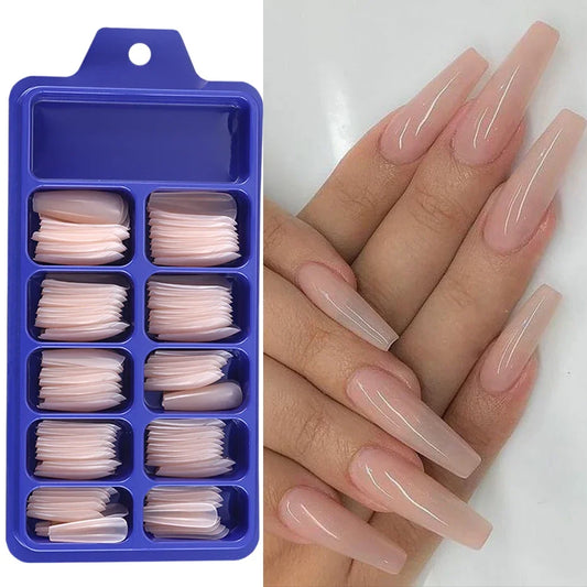 Set of 100 Nude Pink False Nails - Long Acrylic Coffin Shaped