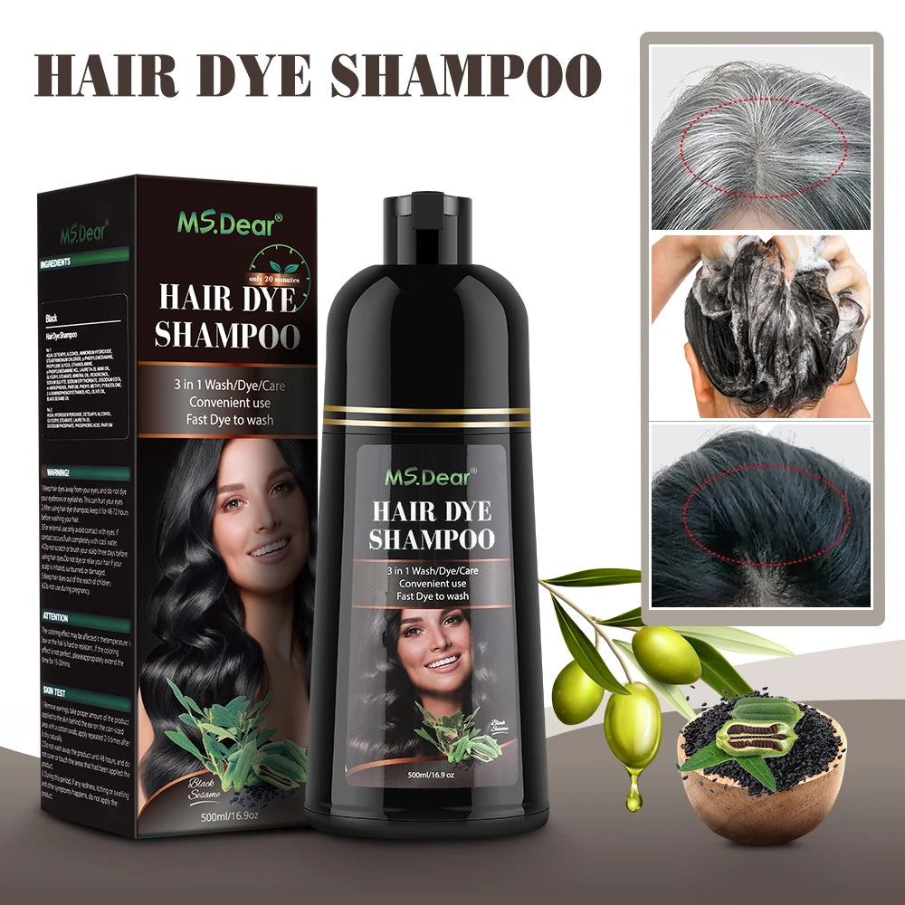 500ml Instant Black Dye Shampoo Black Brown Hair Coloring Natural Herbal Ginseng Hair Repair Shampoo Gray White Hair Dyed Black