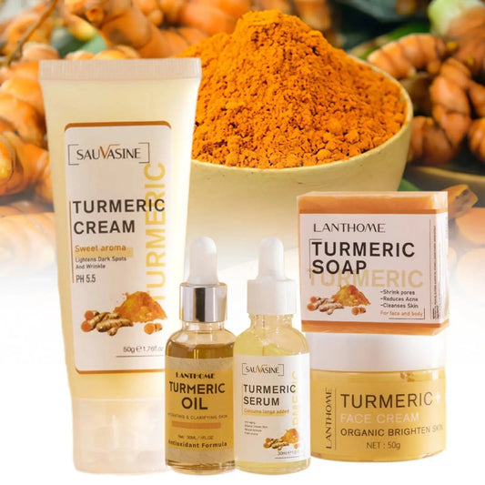 Set de Crema de cúrcuma, Aceite de cúrcuma, Suero de cúrcuma, Jabón de cúrcuma y crema facial de cúrcuma.