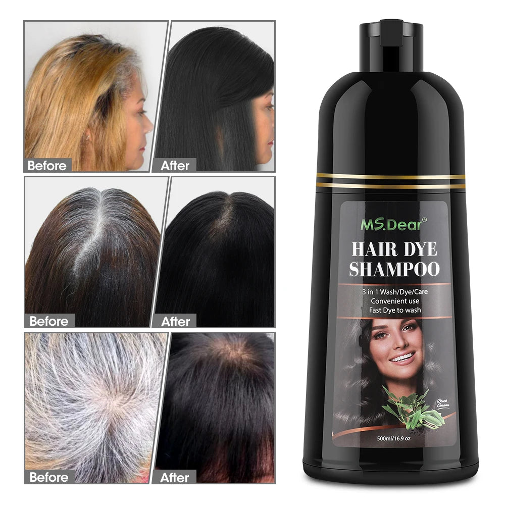 500ml Instant Black Dye Shampoo Black Brown Hair Coloring Natural Herbal Ginseng Hair Repair Shampoo Gray White Hair Dyed Black