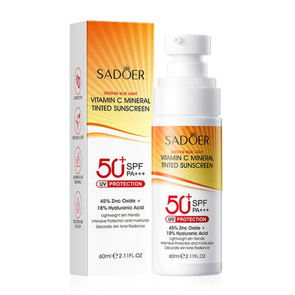 Tinted sunscreen with vitamin C, zinc oxide and hyaluronic acid.