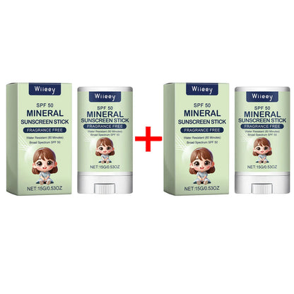 Sunscreen stick SPF50+ water resistant for 80 minutes.