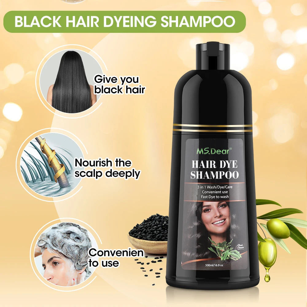 500ml Instant Black Dye Shampoo Black Brown Hair Coloring Natural Herbal Ginseng Hair Repair Shampoo Gray White Hair Dyed Black