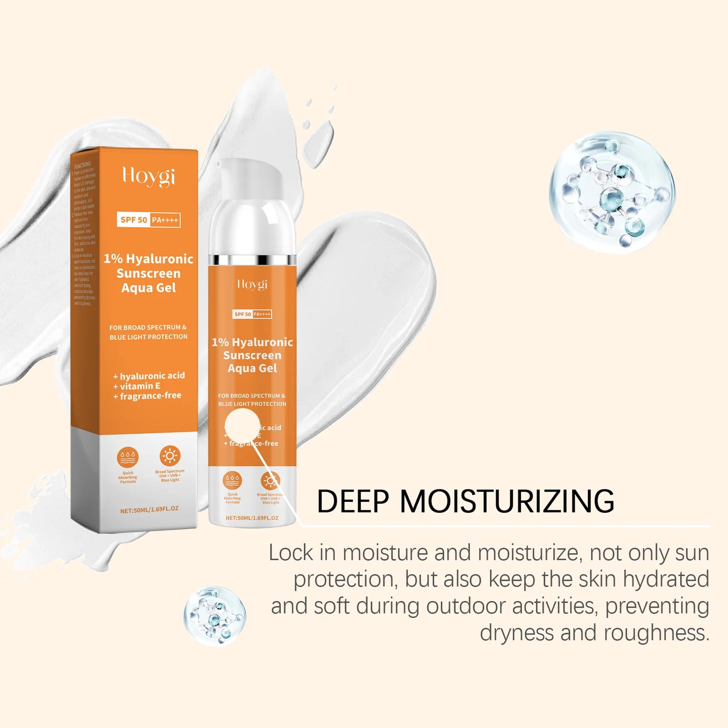 Protector solar en gel con ácido hialuróico al 1% SPF50+