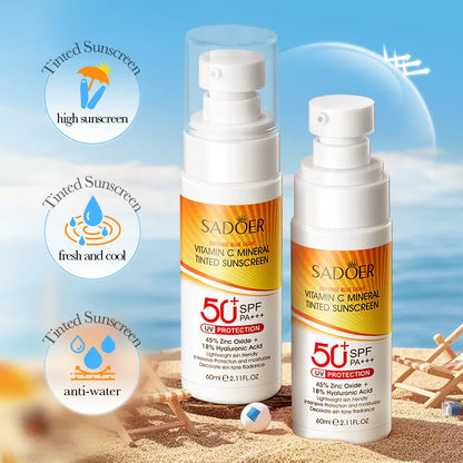Tinted sunscreen with vitamin C, zinc oxide and hyaluronic acid.