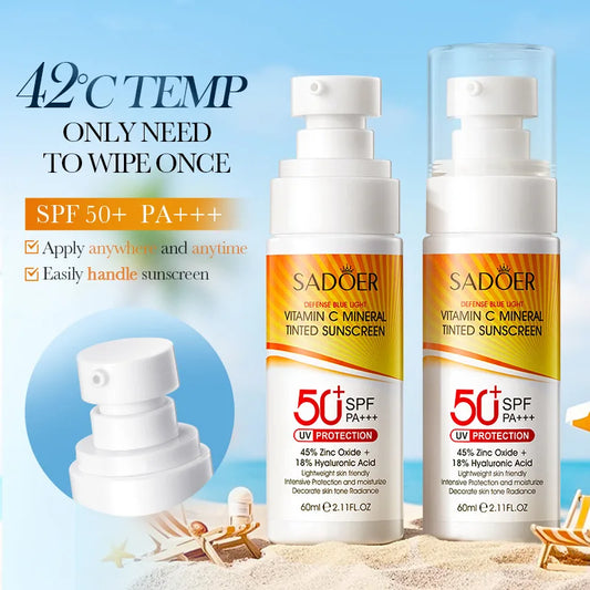Tinted sunscreen with vitamin C, zinc oxide and hyaluronic acid.