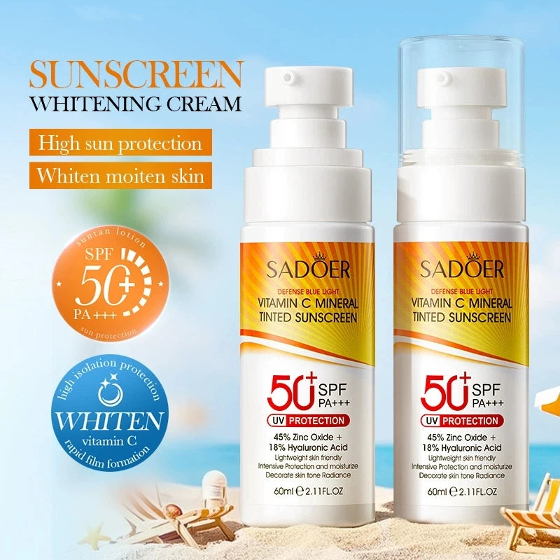 Tinted sunscreen with vitamin C, zinc oxide and hyaluronic acid.