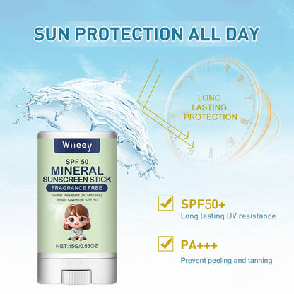 Sunscreen stick SPF50+ water resistant for 80 minutes.